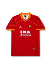 front view of Roma 1997-98 home shirt with deep red body, orange collar, INA Assitalia sponsor, Diadora branding, and Roma crest