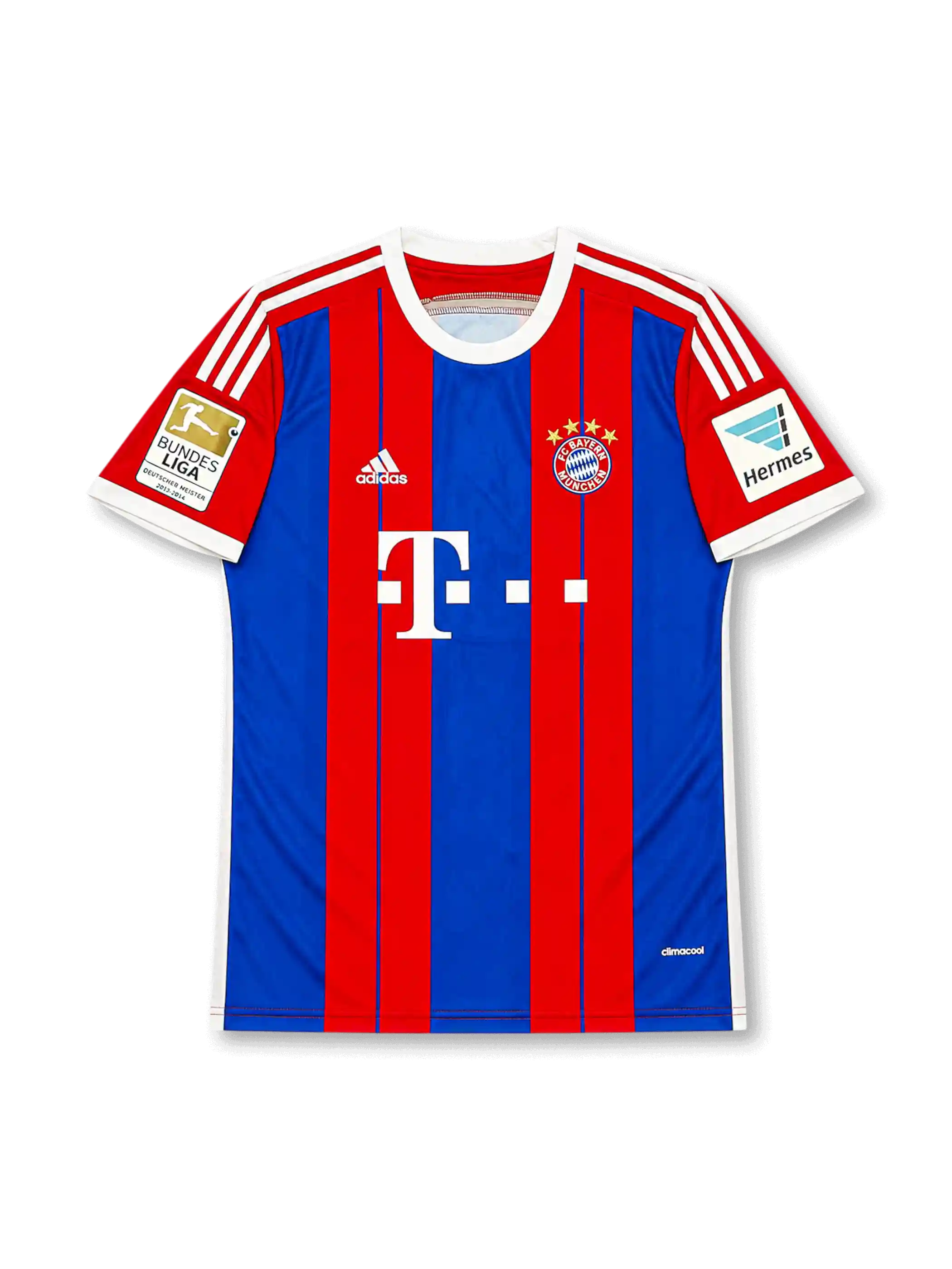 front view of Bayern Munich 2014-15 home shirt with red and blue vertical stripes, Telekom sponsor, club crest, adidas logo, Bundesliga champion patch, and Hermes sleeve sponsor