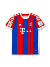 front view of Bayern Munich 2014-15 home shirt with red and blue vertical stripes, Telekom sponsor, club crest, adidas logo, Bundesliga champion patch, and Hermes sleeve sponsor