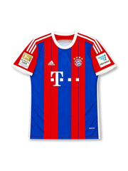 front view of Bayern Munich 2014-15 home shirt with red and blue vertical stripes, Telekom sponsor, club crest, adidas logo, Bundesliga champion patch, and Hermes sleeve sponsor