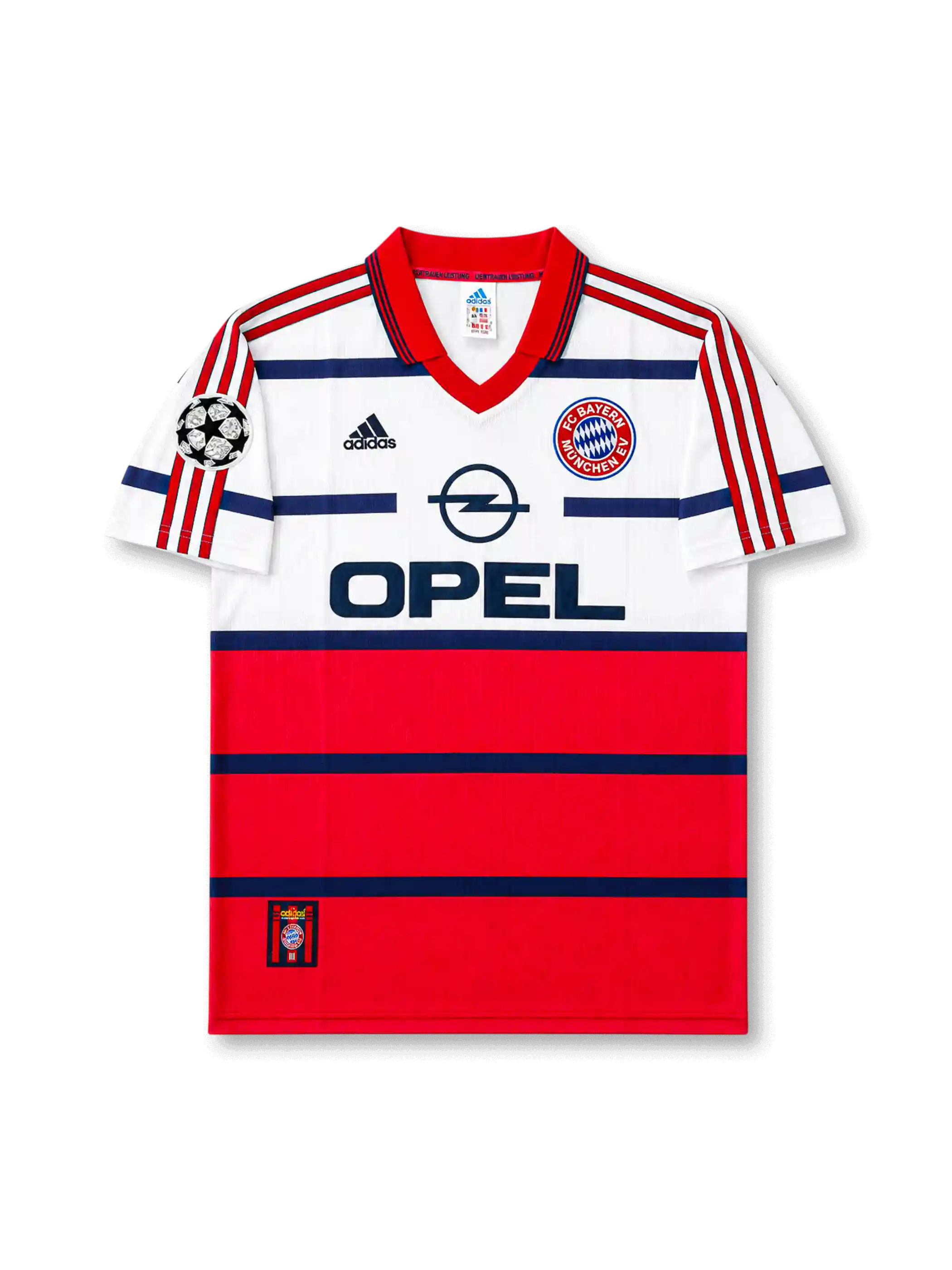 front view of Bayern Munich 1998-00 away shirt with white and red color blocking, Opel sponsor, Bayern crest, adidas logo, and Champions League sleeve patch