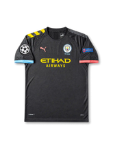 front view of Manchester City 2019-20 away shirt with dark charcoal base, Etihad Airways sponsor, 125 Years crest, Puma logo, Champions League patch, and UEFA Respect sleeve patch