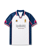 front view of West Ham Iron Maiden Brave New World special edition shirt with white body, dark blue sleeves, claret accents, West Ham crest, Iron Maiden logo, and Eddie artwork