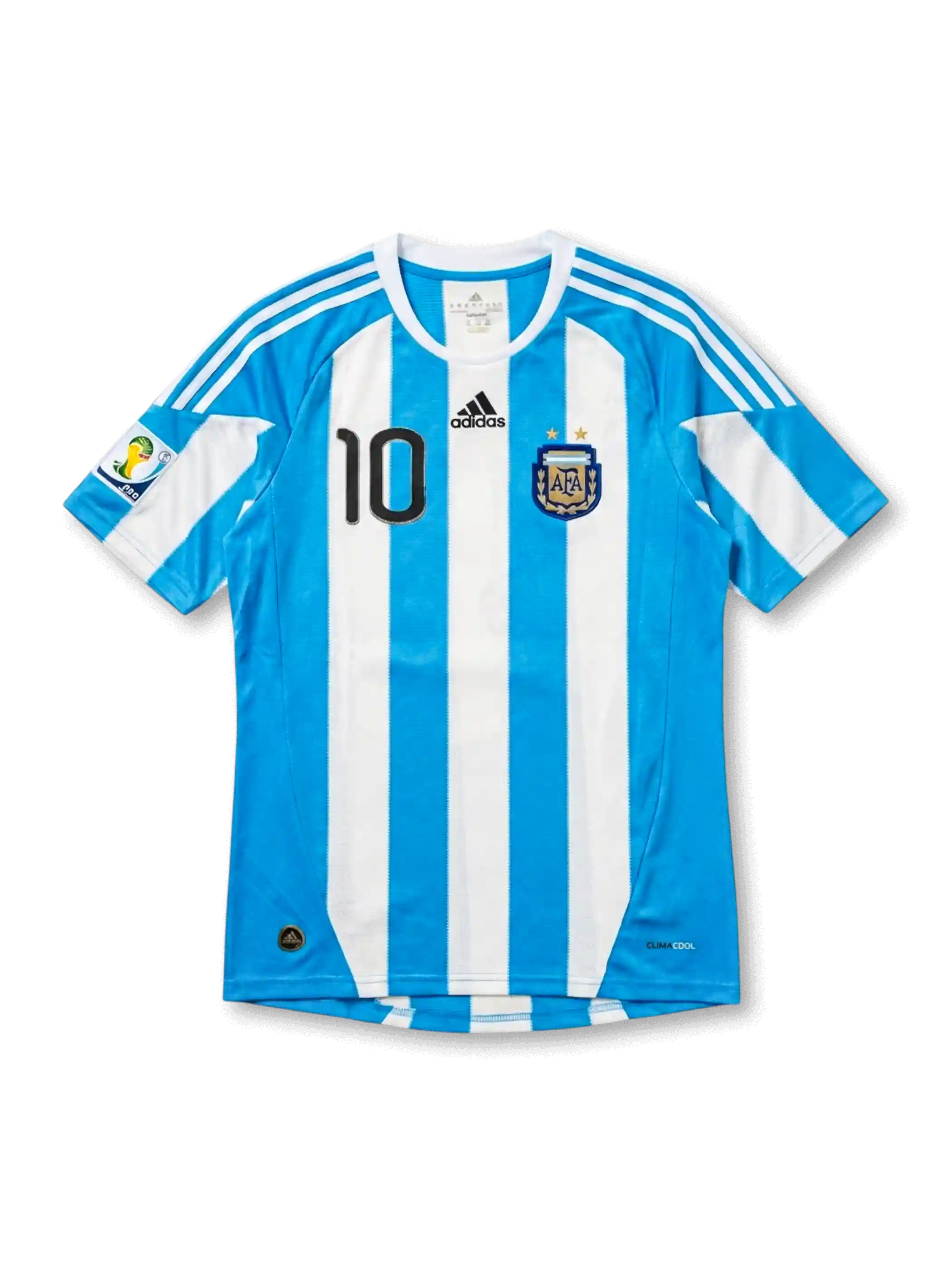 front view of Argentina 2010 World Cup home shirt with sky blue and white stripes, black number 10, Argentina crest, adidas logo, and South Africa 2010 sleeve patch