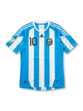 front view of Argentina 2010 World Cup home shirt with sky blue and white stripes, black number 10, Argentina crest, adidas logo, and South Africa 2010 sleeve patch