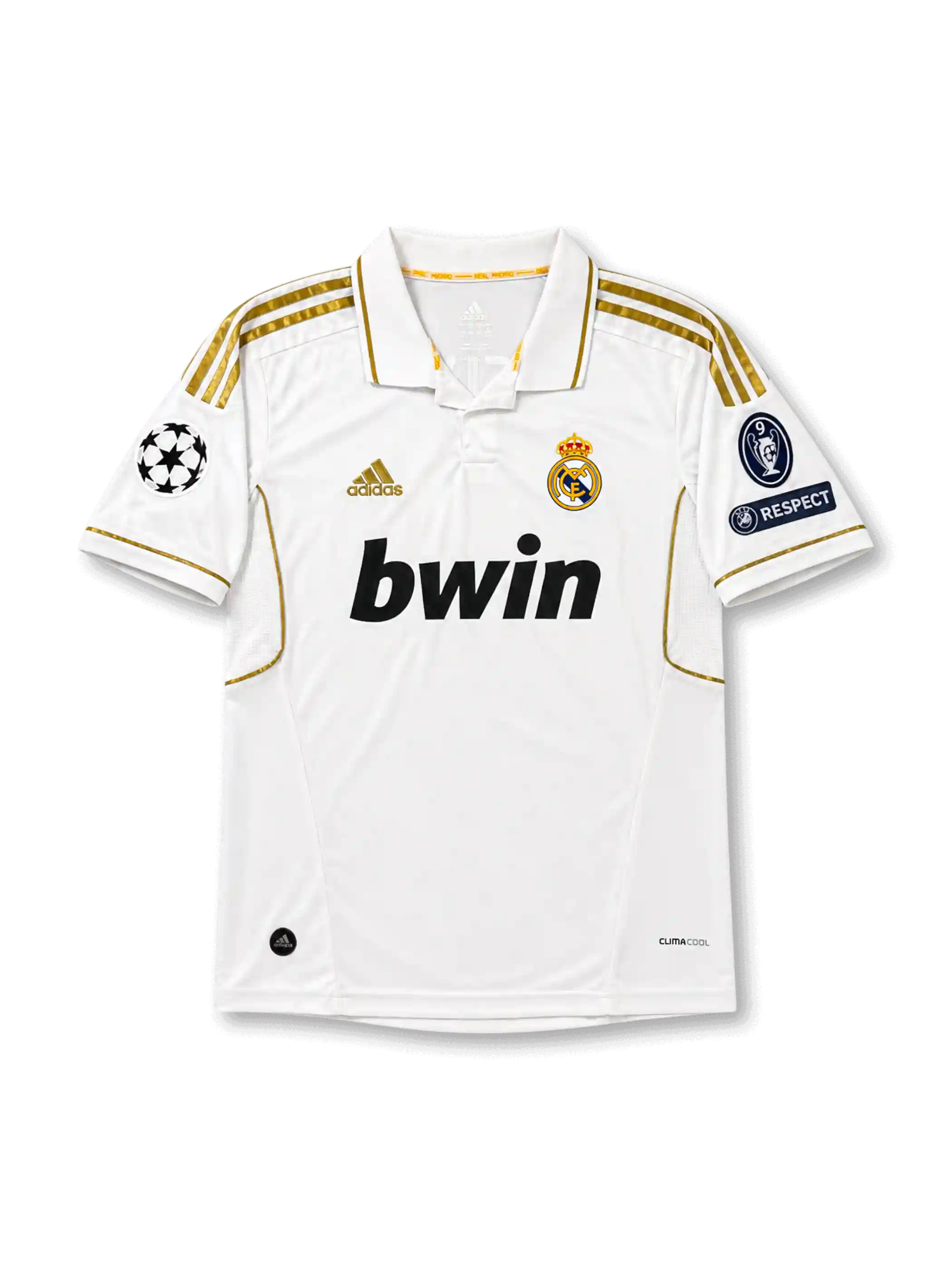 front view of Real Madrid 2011-12 home shirt with white body, gold adidas stripes, bwin sponsor, club crest, Champions League patch, and UEFA Respect sleeve patch