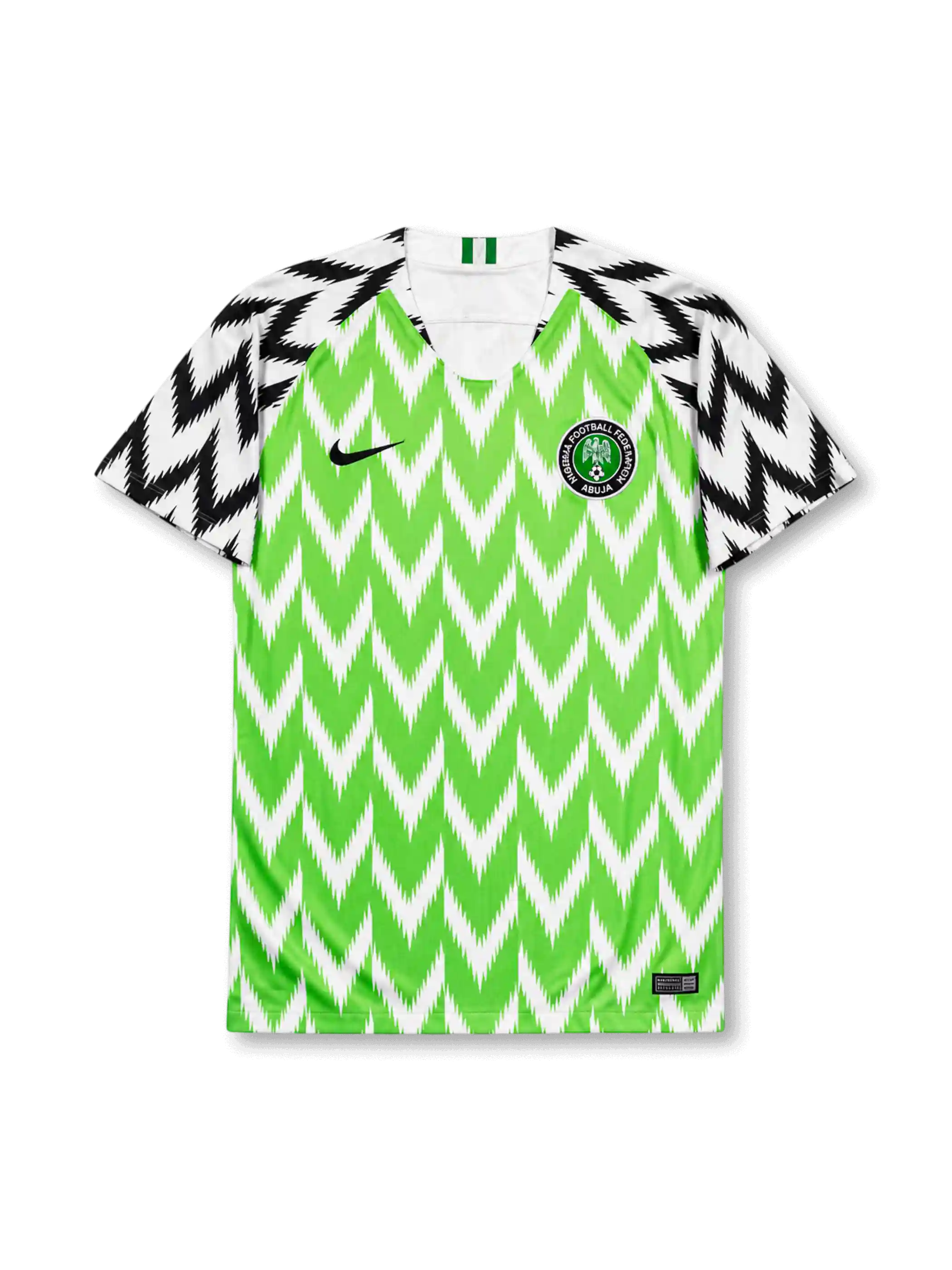 front view of Nigeria 2018 World Cup home shirt with green zigzag pattern, black and white graphic sleeves, Nigeria crest, and V-neck collar
