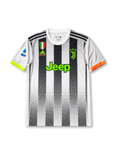 front view of Juventus 2019-20 Palace special edition shirt with black and white dotted stripes, neon green Jeep sponsor, Juventus crest, Palace branding, Scudetto shield, and Serie A sleeve patch