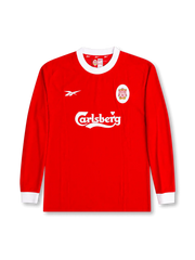 front view of Liverpool 1998-00 home shirt with red long-sleeve body, white collar, Carlsberg sponsor, Reebok logo, and club crest