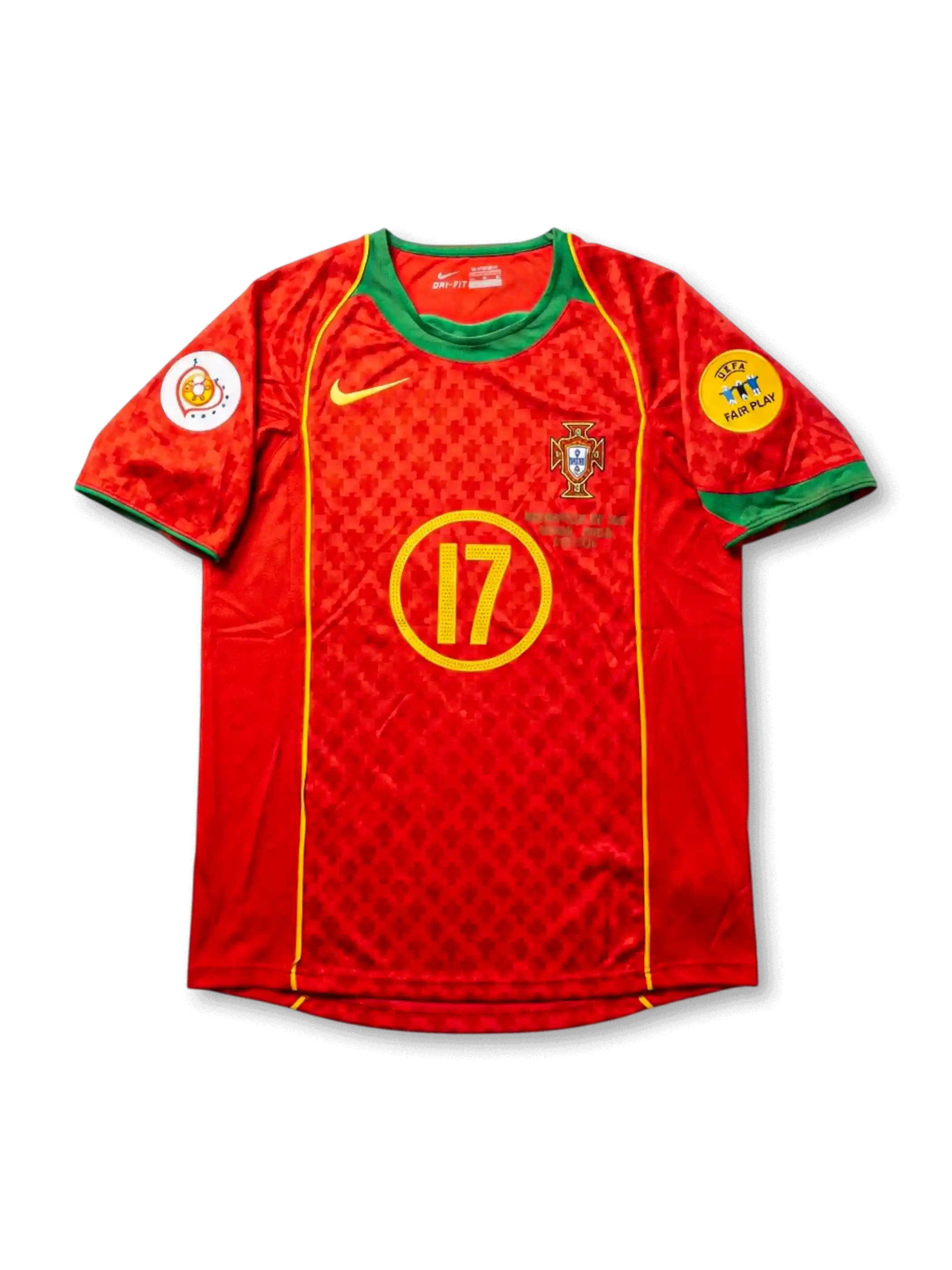 front view of Portugal 2004 home shirt with red body, green collar, yellow number 17, Portugal crest, Euro 2004 patch, and UEFA Fair Play patch