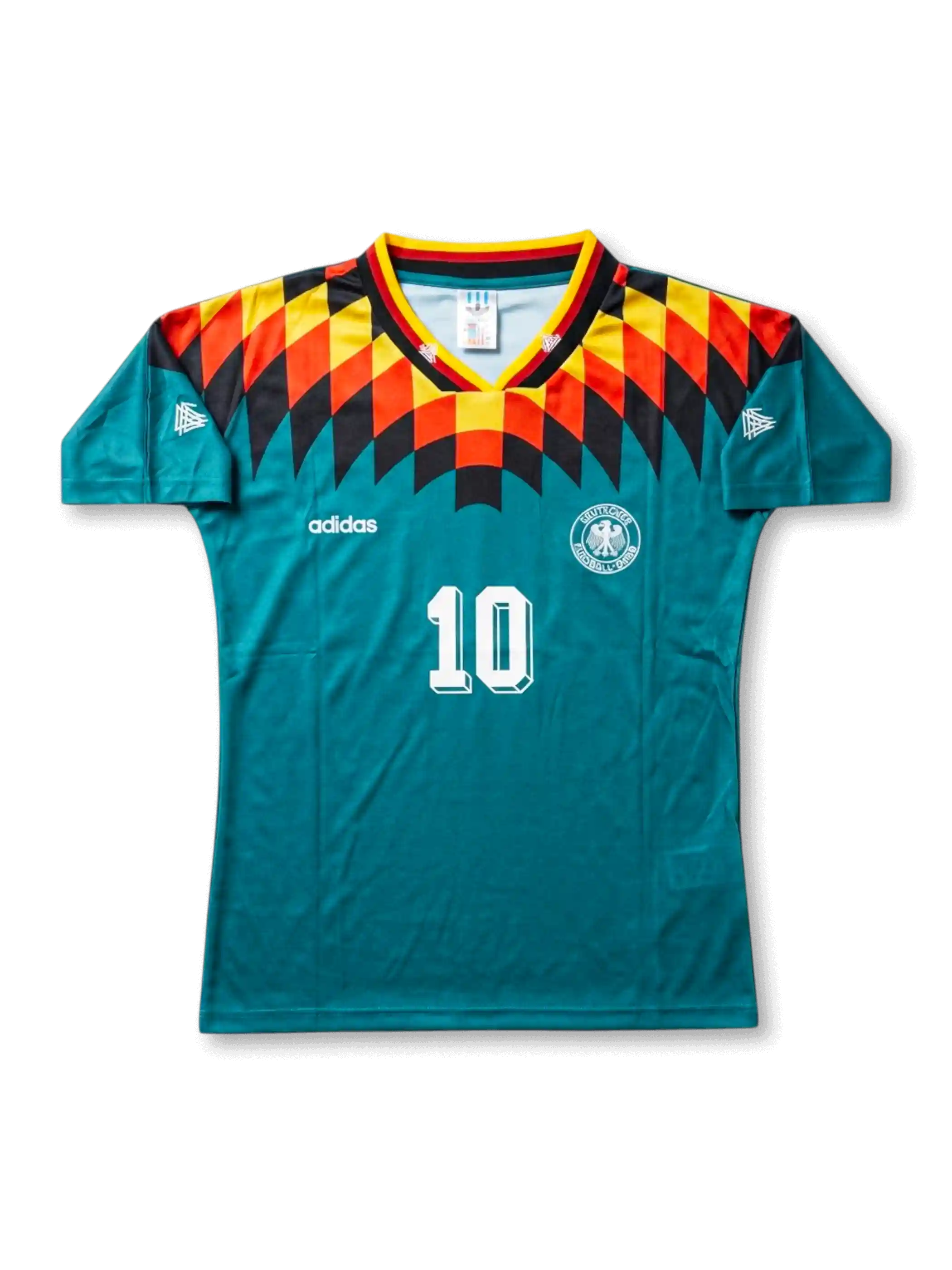 front view of Germany 1994 World Cup away shirt with teal body, black red and yellow shoulder graphics, adidas logo, Germany crest, and front number 10