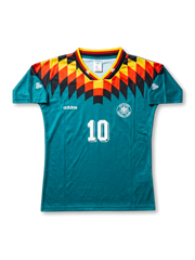 front view of Germany 1994 World Cup away shirt with teal body, black red and yellow shoulder graphics, adidas logo, Germany crest, and front number 10