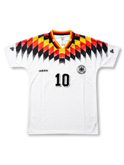 front view of Germany 1994 World Cup home shirt with white body, black red and yellow shoulder graphics, adidas logo, Germany crest, and front number 10