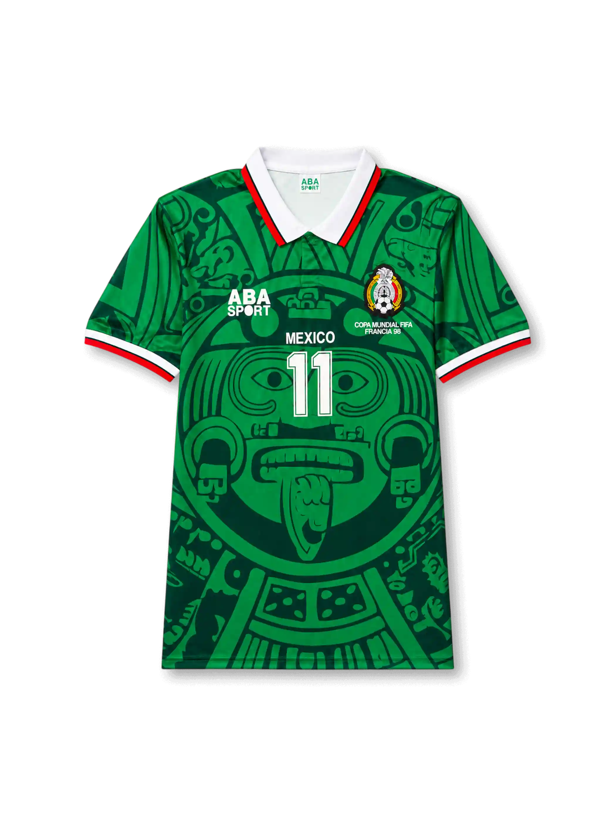 front view of Mexico 1998 World Cup home shirt with green Aztec-inspired body graphic, white collar, Mexico crest, ABA Sport branding, and front number 11