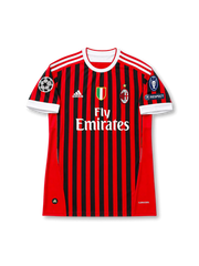 front view of AC Milan 2011-12 home shirt with red and black stripes, Fly Emirates sponsor, Scudetto shield, club crest, Champions League patch, and UEFA Respect patch