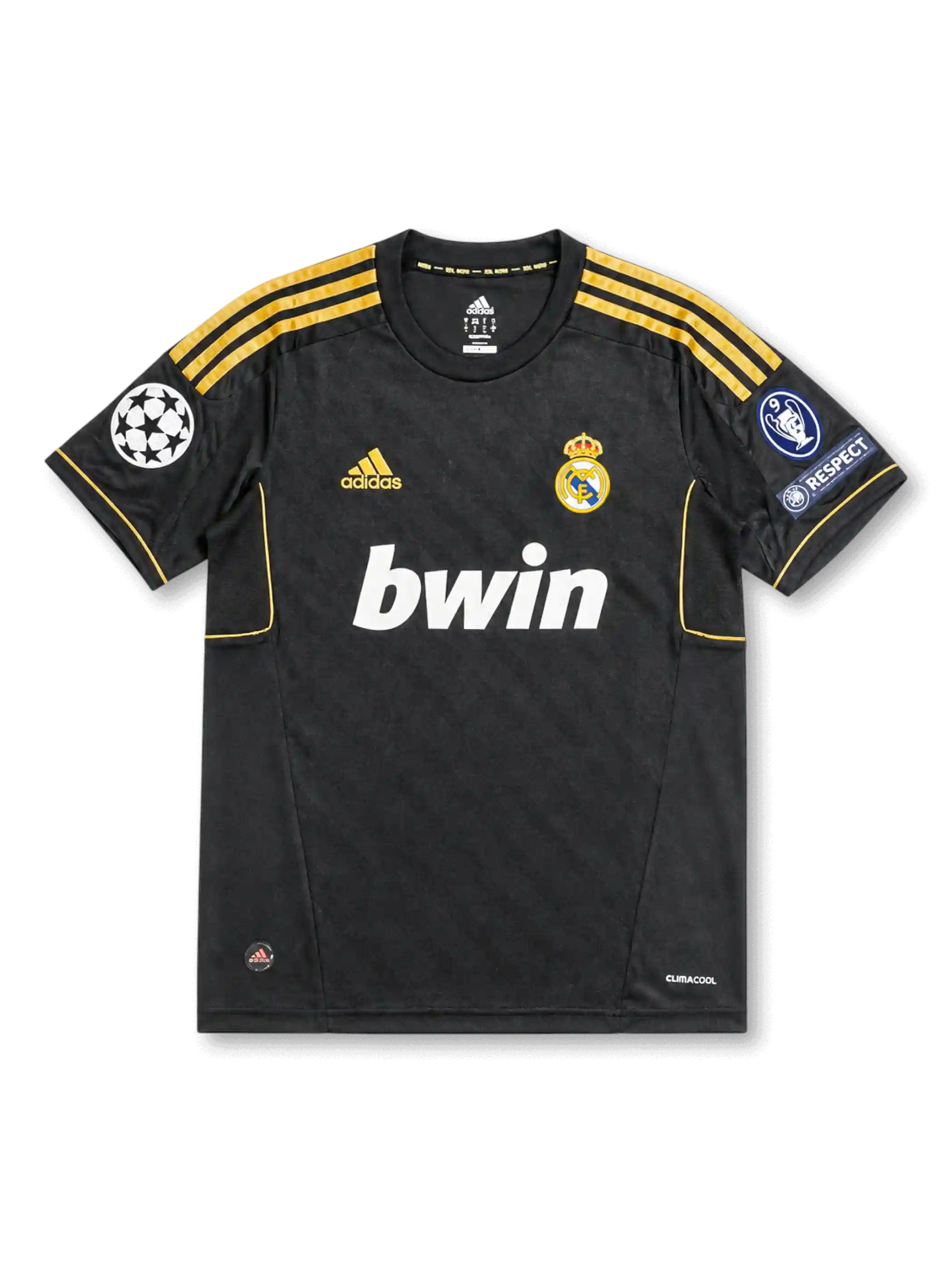 front view of Real Madrid 2011-12 away shirt with black body, gold adidas stripes, bwin sponsor, Real Madrid crest, Champions League patch, and UEFA Respect patch