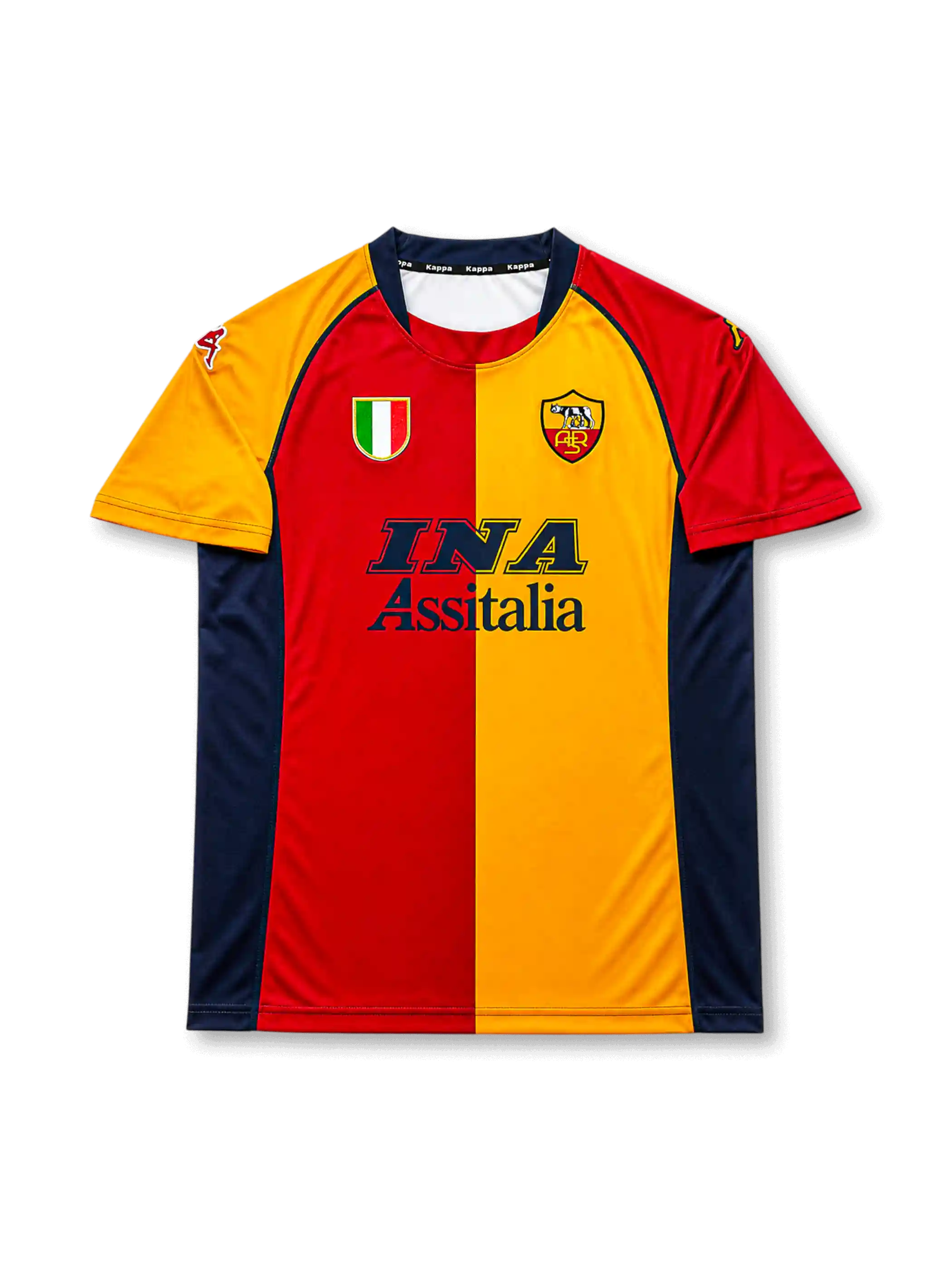 front view of AS Roma 2001-02 home shirt with red and gold split design, INA Assitalia sponsor, AS Roma crest, Scudetto shield, and Kappa sleeve details