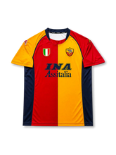 front view of AS Roma 2001-02 home shirt with red and gold split design, INA Assitalia sponsor, AS Roma crest, Scudetto shield, and Kappa sleeve details