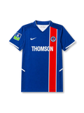 front view of Paris Saint-Germain 2002-03 home shirt with blue body, red center stripe, Thomson sponsor, PSG crest, Nike logo, and LFP sleeve patch