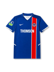 front view of Paris Saint-Germain 2002-03 home shirt with blue body, red center stripe, Thomson sponsor, PSG crest, Nike logo, and LFP sleeve patch