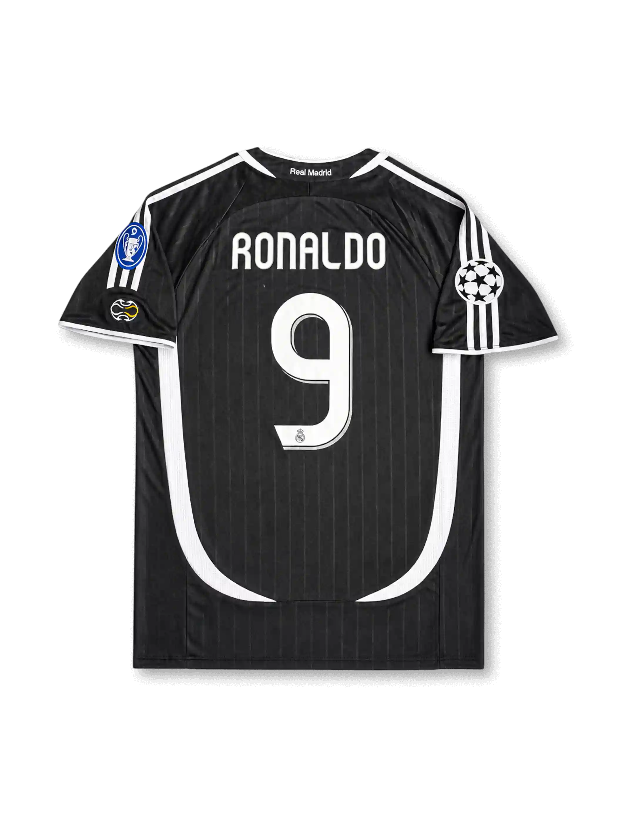 back view of Real Madrid 2006-07 away shirt with Ronaldo name, white number 9, black body, white curved side paneling, and Champions League sleeve patch