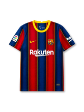 front view of Barcelona 2020-21 home shirt with blue and red vertical stripes, yellow trim, Rakuten sponsor, Barcelona crest, Nike logo, and La Liga sleeve patch