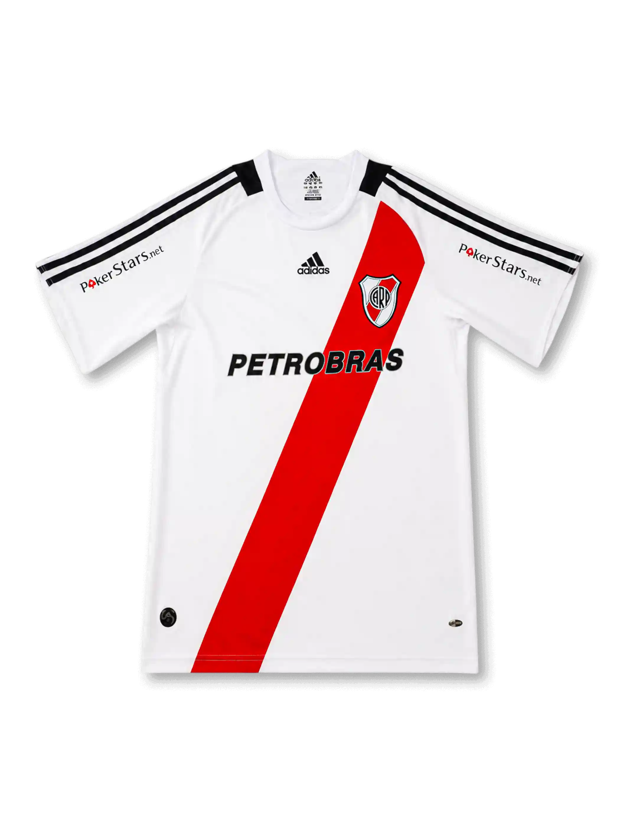 front view of River Plate 2009-10 home shirt with white base, red diagonal sash, River Plate crest, Adidas logo, Petrobras sponsor, black shoulder panels, and PokerStars sleeve marks