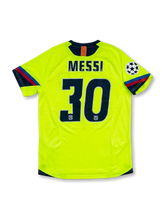 back view of Barcelona 2005-06 away shirt with fluorescent yellow body, navy trim, Champions League sleeve patch, and #30 Messi name and number print