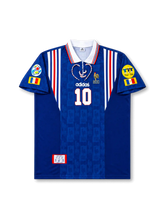 front view of France 2000 home shirt with royal blue body, white collar with red white blue trim, lace-up neckline, Adidas logo, F.F.F. crest, central number 10, UEFA Euro 2000 sleeve patch, and Fair Play patch