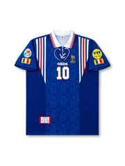 front view of France 2000 home shirt with royal blue body, white collar with red white blue trim, lace-up neckline, Adidas logo, F.F.F. crest, central number 10, UEFA Euro 2000 sleeve patch, and Fair Play patch