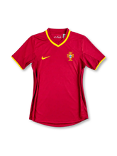 Portugal 2000 home jersey, front view, deep red with yellow V-neck collar, yellow sleeve cuff trim, yellow Nike swoosh, FPF crest