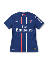 Paris Saint-Germain 2012-13 home jersey, front view, navy with twin red and white vertical stripes, crew neck, white Nike swoosh, club crest, white Fly Emirates sponsor, Indesit sleeve logo