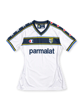 Parma 2002-03 away jersey, front view, white with navy chest band and yellow and blue trim, navy V-neck, shoulder tape with Champion logos, Parma crest, navy Parmalat sponsor