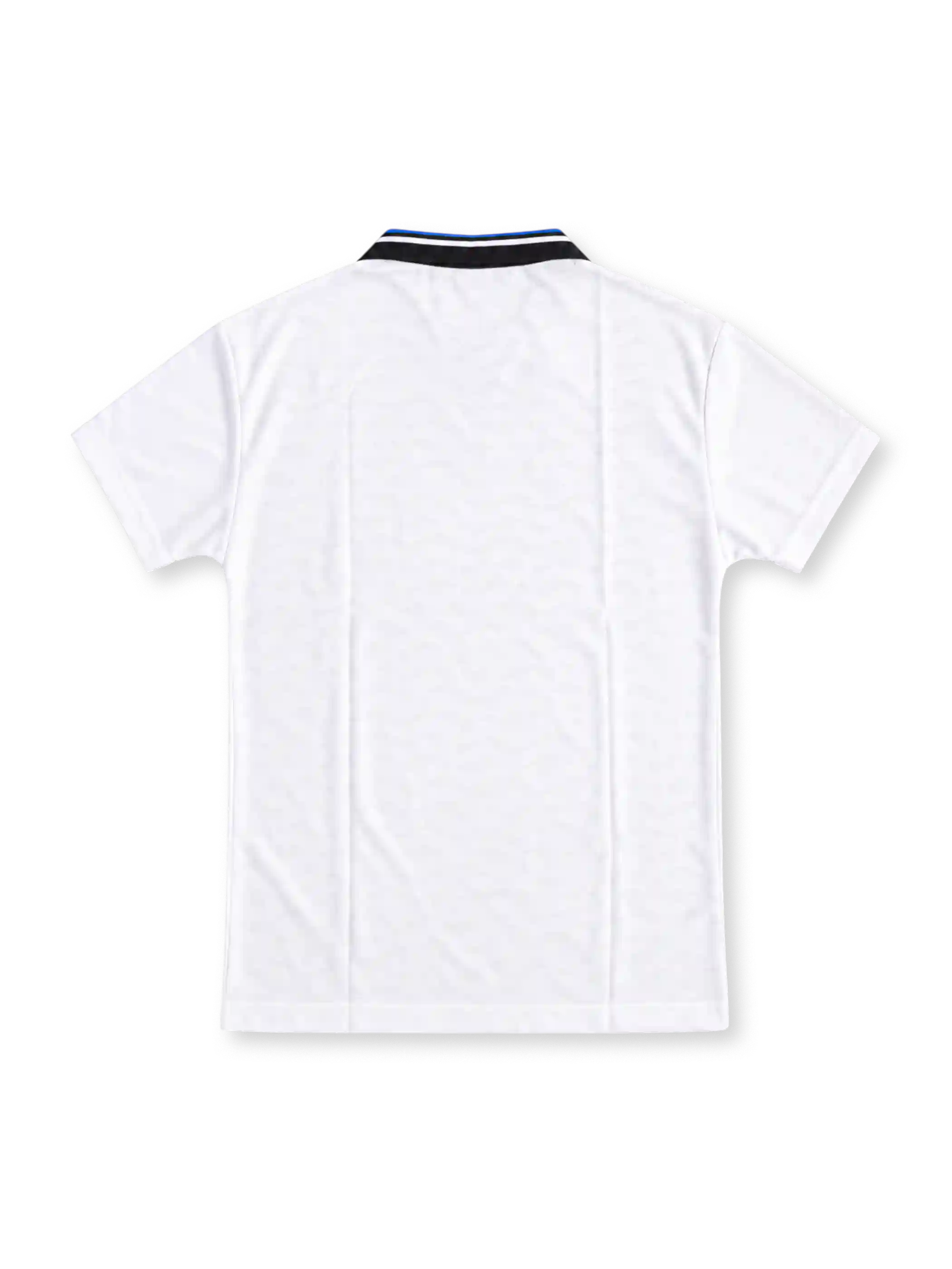 Inter Milan 1995-96 away jersey, front view, white with blue, black and gold monogram collage on shoulders, striped polo collar, black Umbro logo, round club crest with star, black Pirelli sponsor