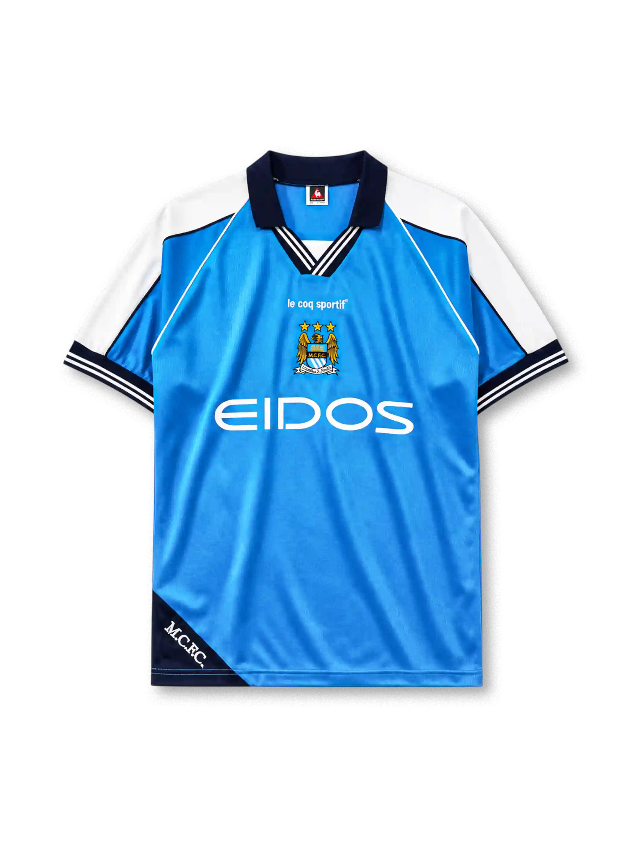 Manchester City 1999/01 home football shirt by Le Coq Sportif with Eidos sponsor logo