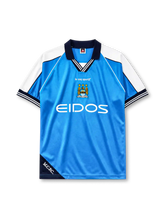 Manchester City 1999/01 home football shirt by Le Coq Sportif with Eidos sponsor logo