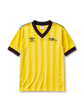 Arsenal 1983/86 away football shirt by Umbro in yellow and black stripes with cannon crest