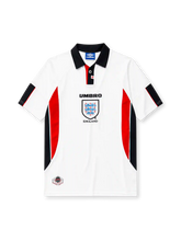 England 1998 home football shirt by Umbro with red and black side panels and Three Lions crest