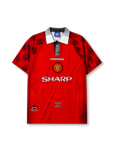 Manchester United 1996/97 home football shirt by Umbro with Sharp sponsor logo and Theatre of Dreams text