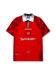 Manchester United 1996/97 home football shirt by Umbro with Sharp sponsor logo and Theatre of Dreams text