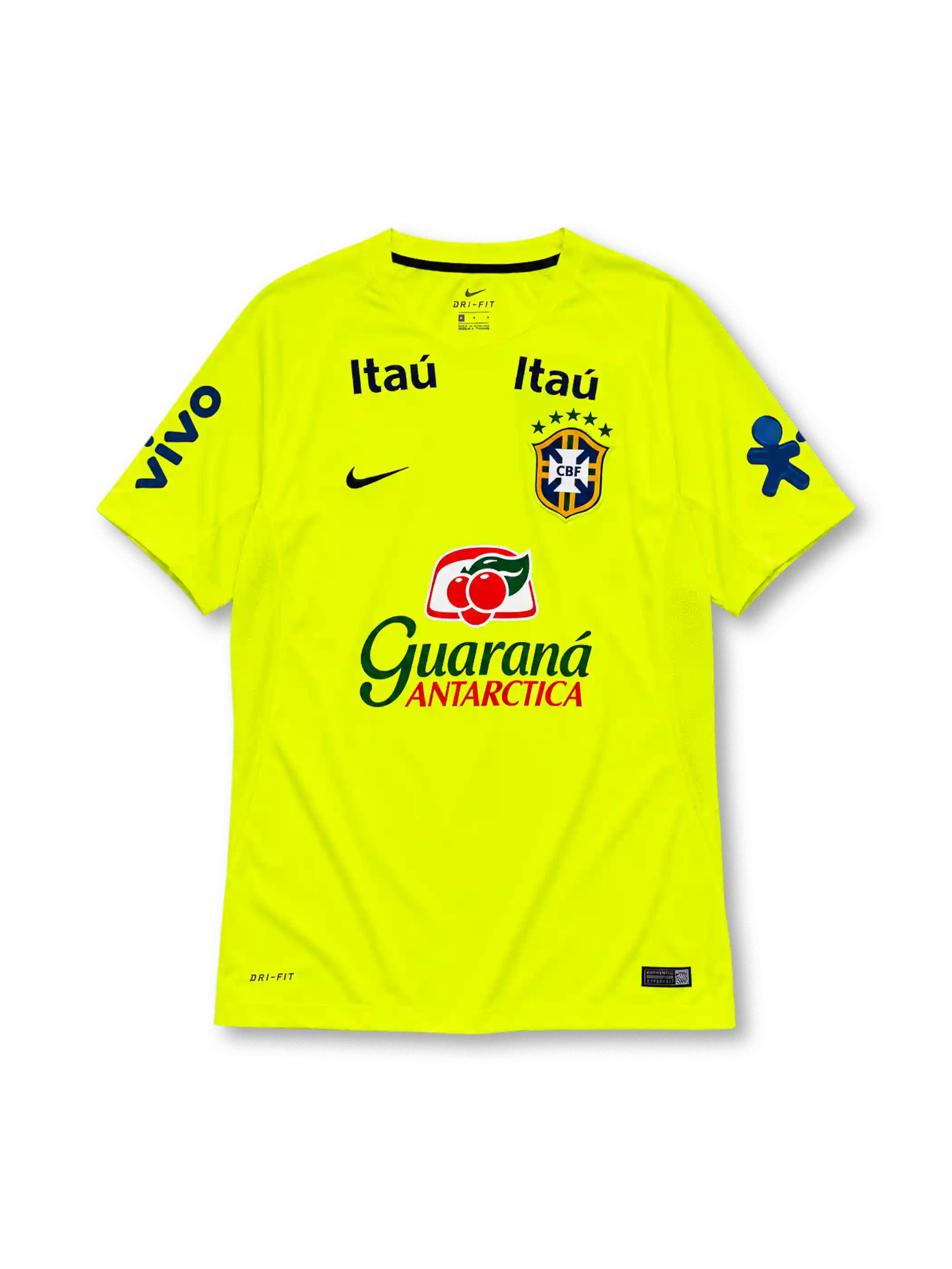 Brazil 2020 training football shirt by Nike in fluorescent yellow-green with multiple sponsor logos