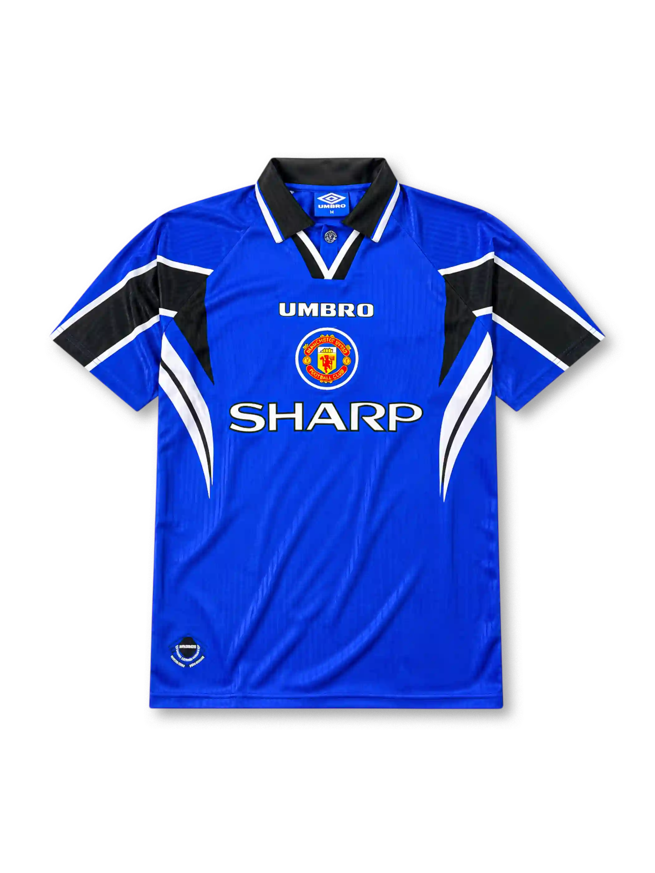 Manchester United 1996/98 third football shirt by Umbro in royal blue with Sharp sponsor logo