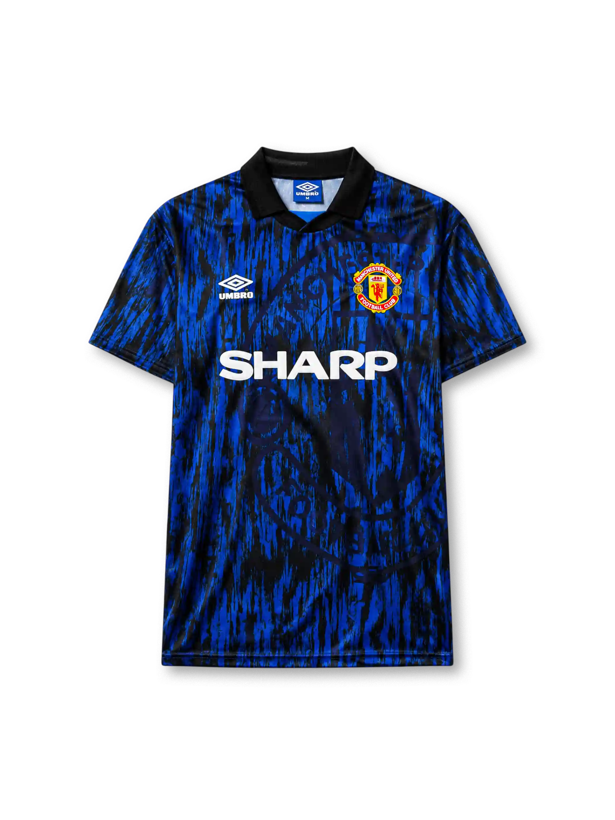 Manchester United 1992/93 away football shirt by Umbro with streaked blue and black print