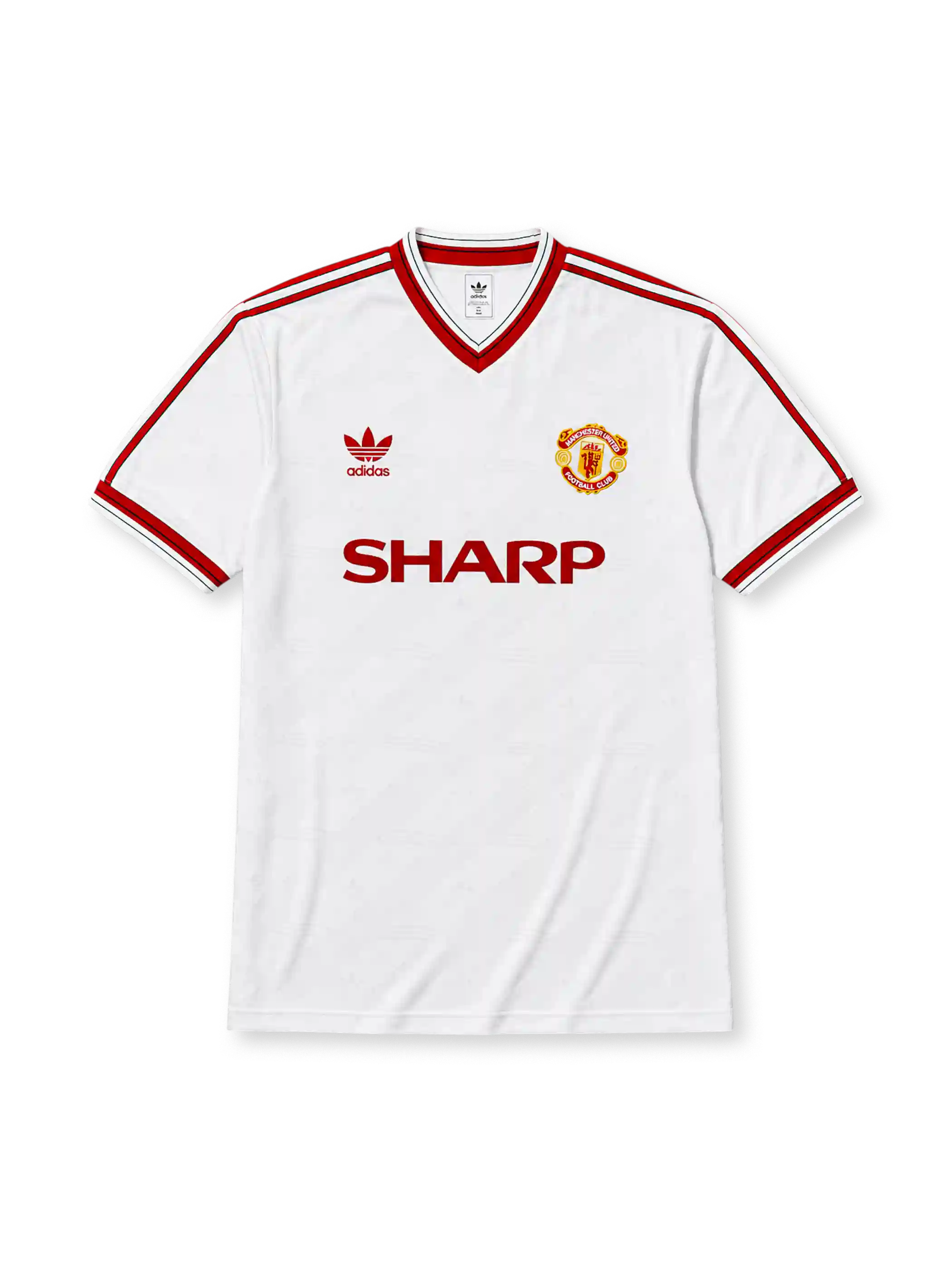 Manchester United 1986/88 away football shirt by Adidas in white with Sharp sponsor logo