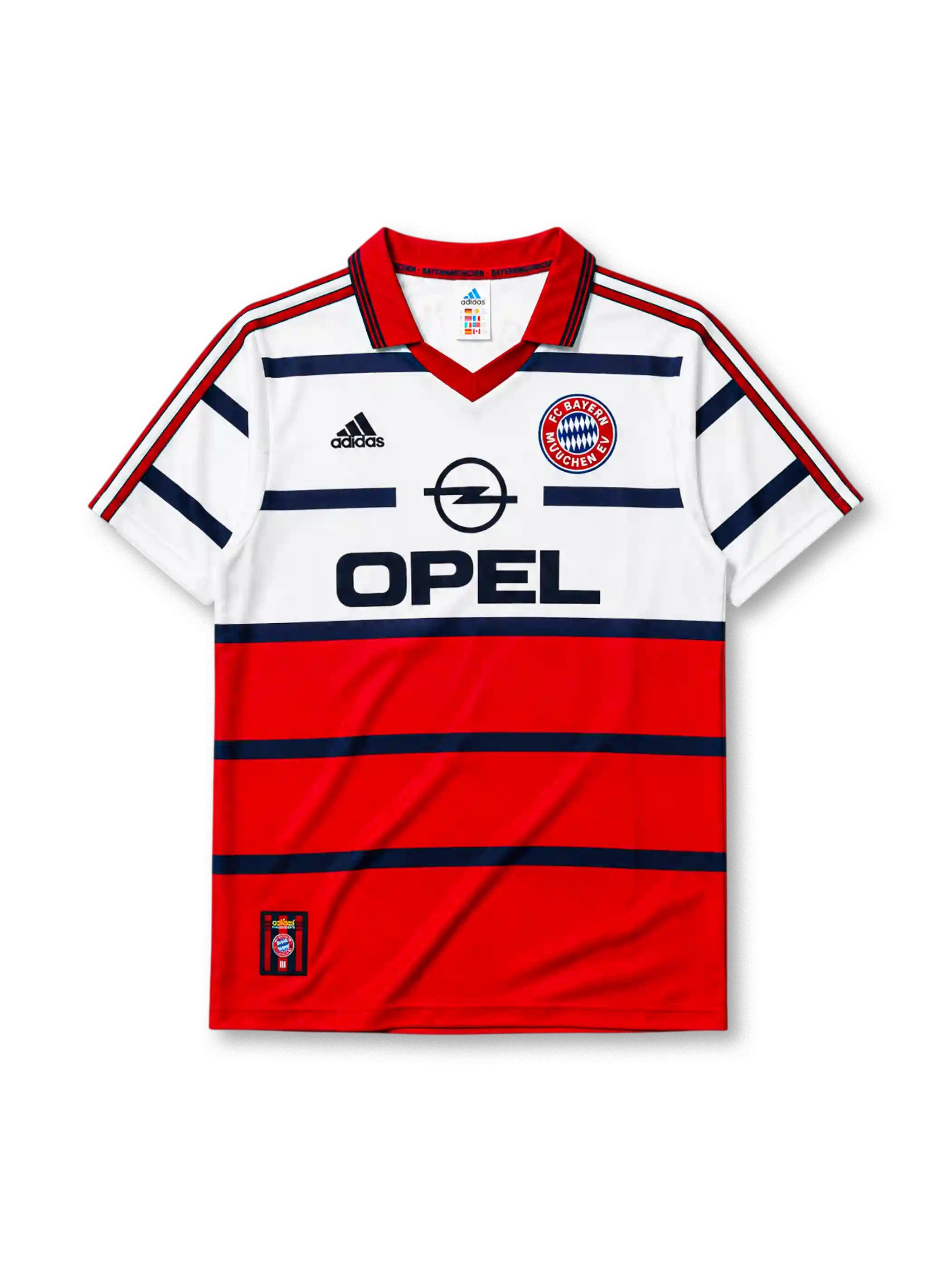 Bayern Munich 1998-2000 away jersey, front view, white upper body and red lower body with navy horizontal stripes, red V-neck collar, black adidas logo, FC Bayern Munchen crest, navy Opel sponsor logo, small tag near bottom hem