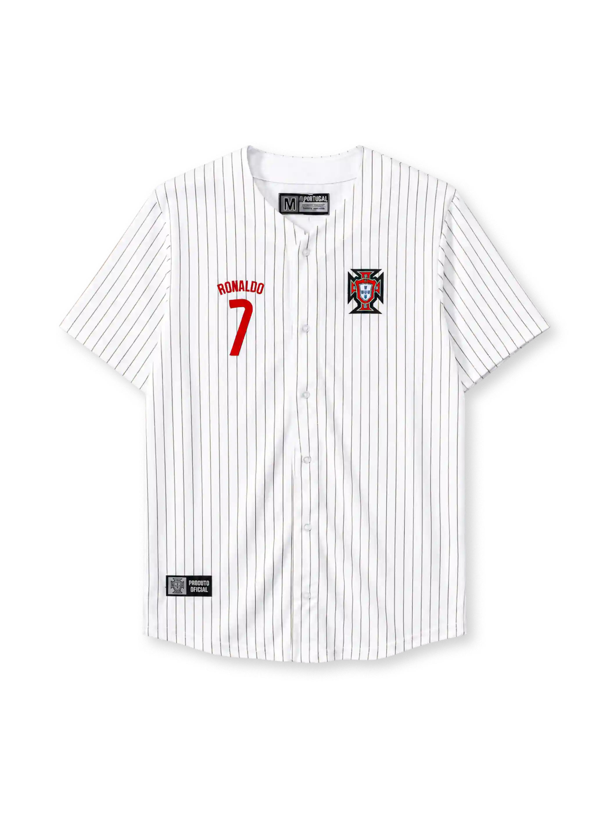 Portugal 2025 white pinstripe baseball jersey with Ronaldo name and number and federation crest