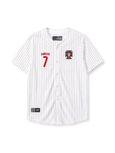Portugal 2025 white pinstripe baseball jersey with Ronaldo name and number and federation crest