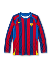 Barcelona 2005-06 home jersey in blue and red stripes with yellow accents and FCB crest