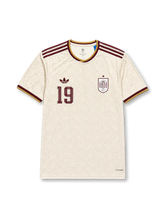 Front view of Spain 2026 away shirt with Lamine Yamal #19, Trefoil logo, Spain crest, and tonal patterned body.