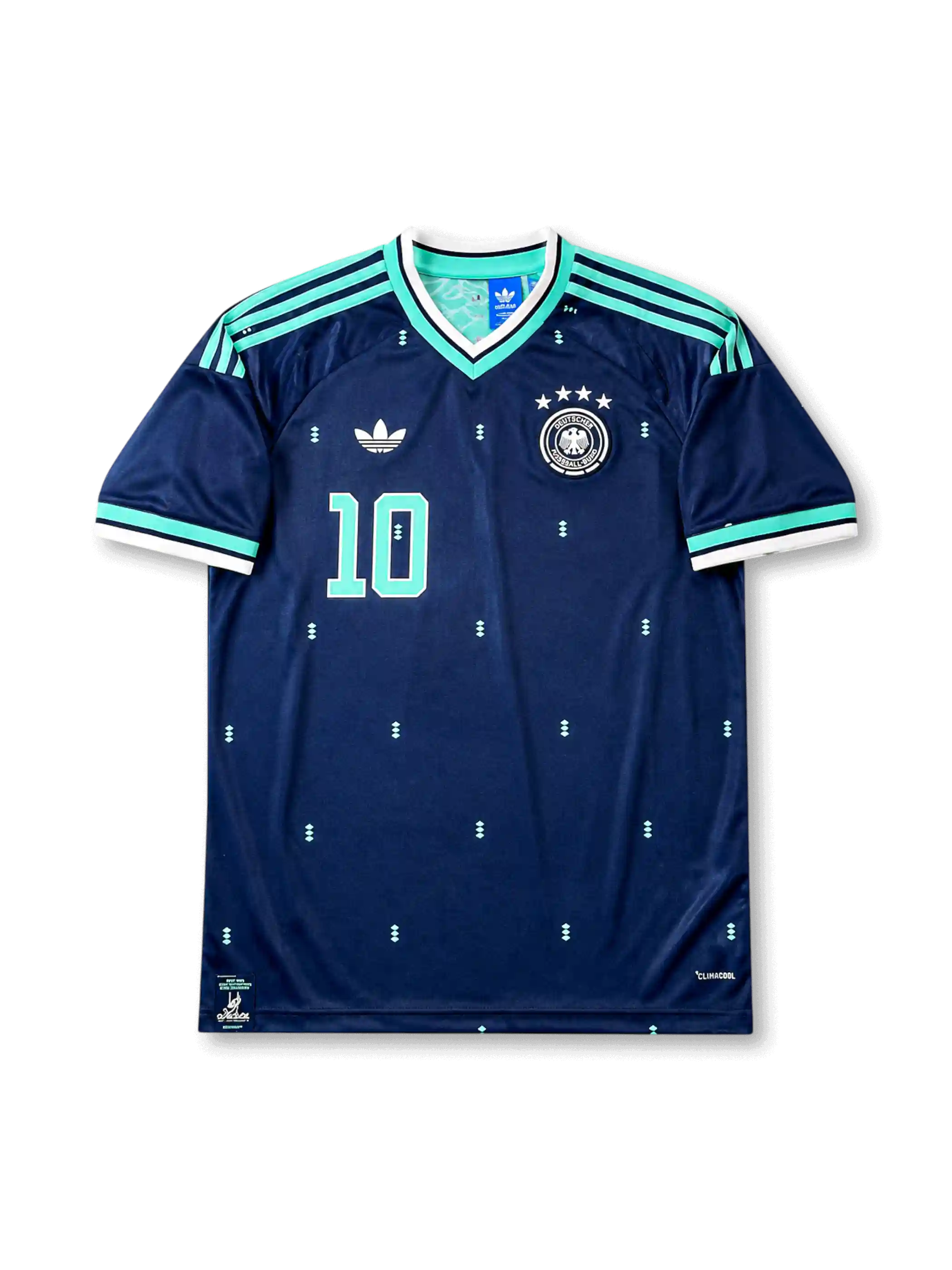 Front view of Germany 2026 away shirt with Jamal Musiala #10, DFB crest with four stars, and Trefoil logo.